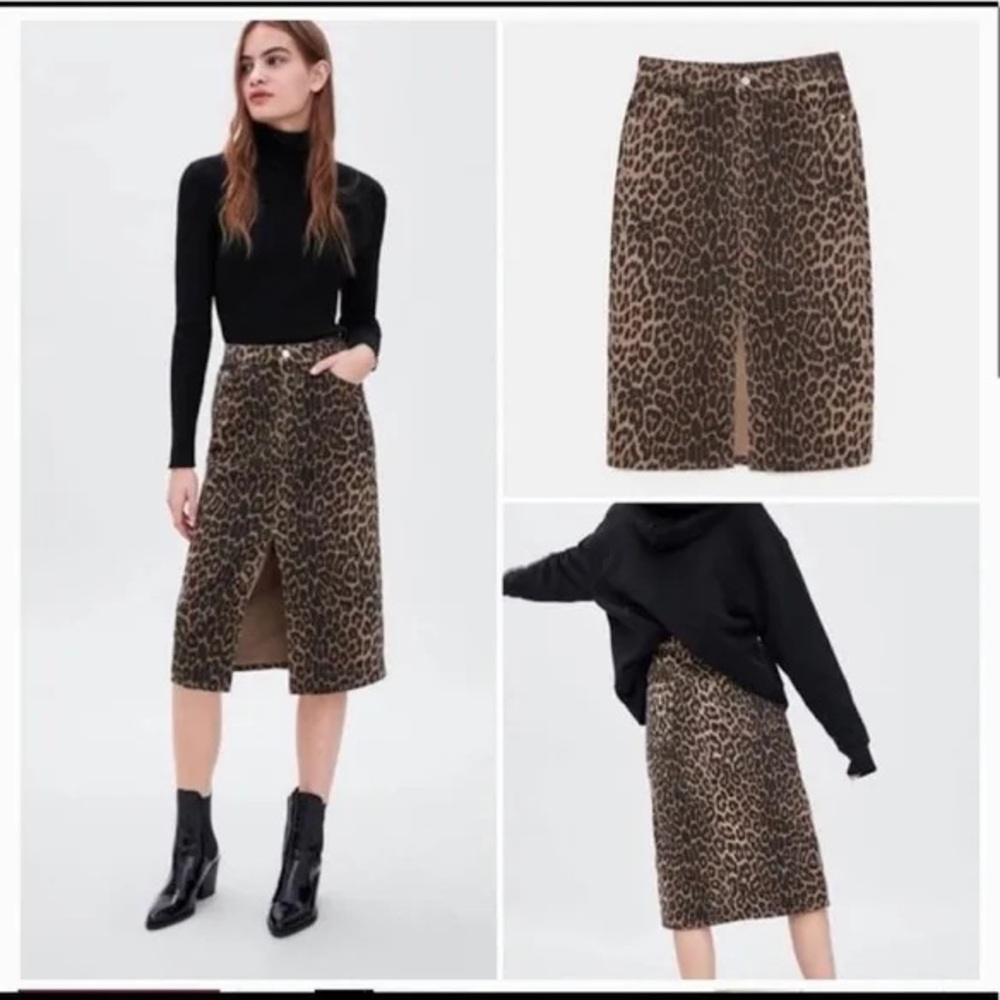 ZARA TRF Collection Denim Leopard Midi Skirt Sz S 90s Fall Style
